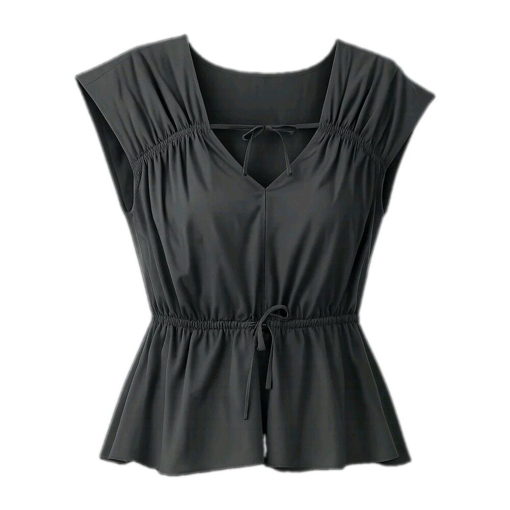 Rails Ruched Sleeve Peplum Top Women's Size L Black Drawstring Waist